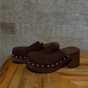 Brown Suede Studded Platform Clogs - Women's